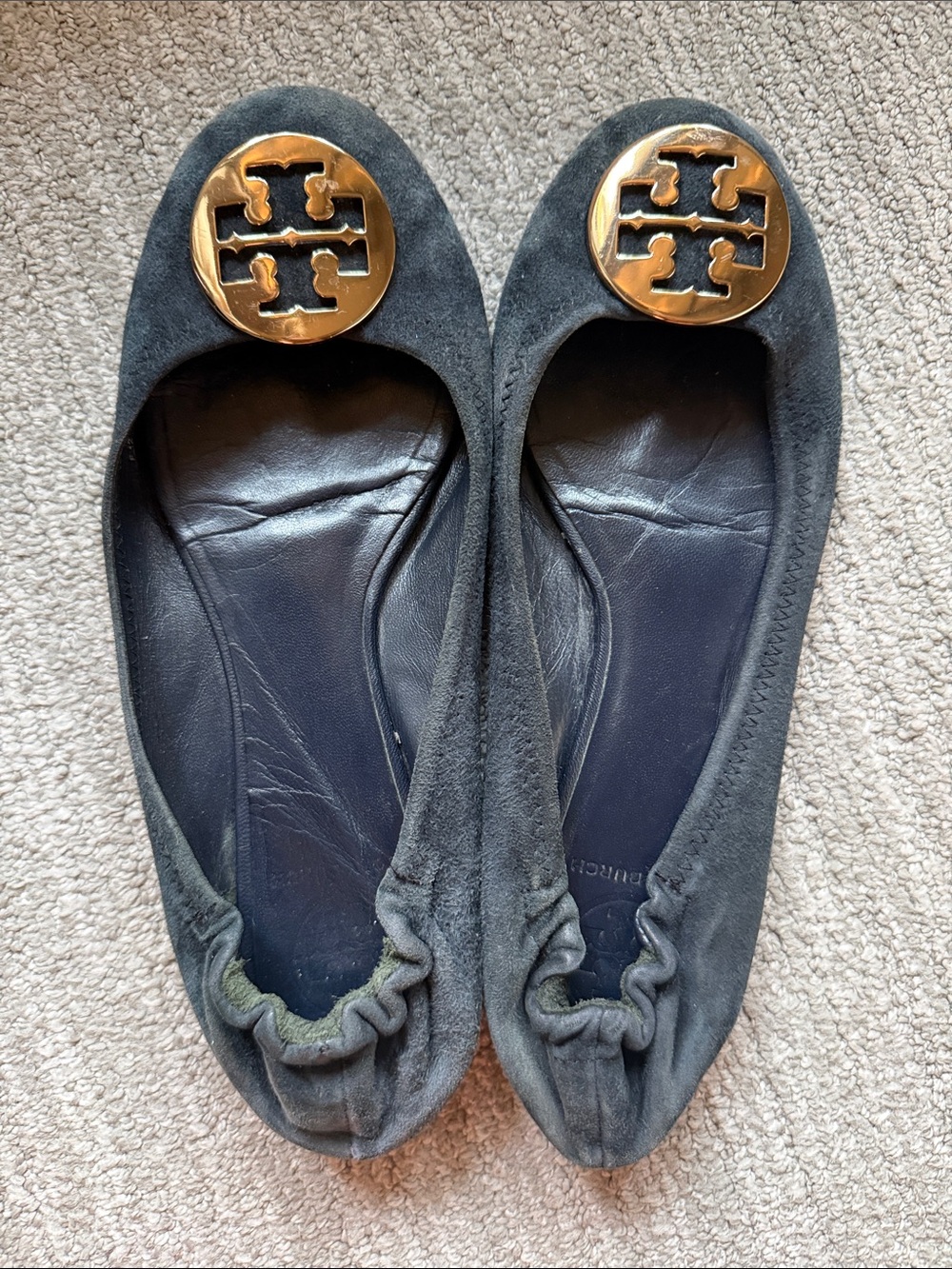 Tory Burch Navy Suede Ballet Flats with Gold Logo